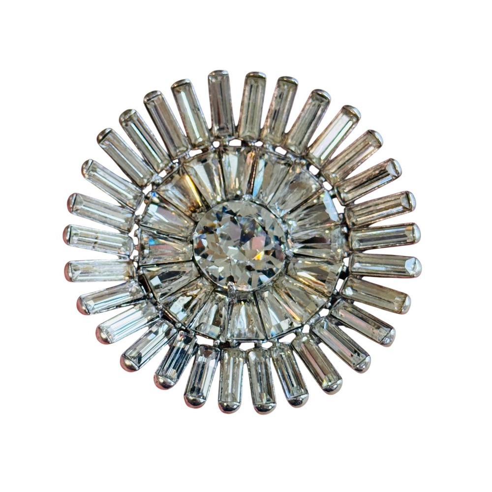 VTG Hollycraft Atomic Sunburst Pin Brooch Crystal Rhinestone Silver Tone Bridal